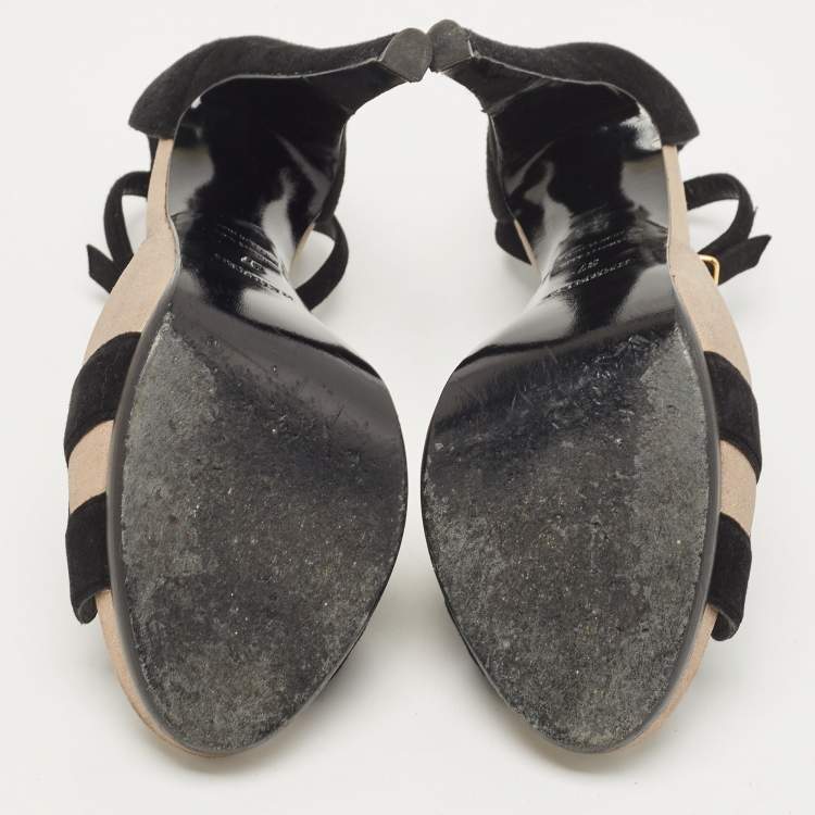 Pre Owned Hermes Black/Gold Metallic Suede Premiere 70 Sandals Size 37