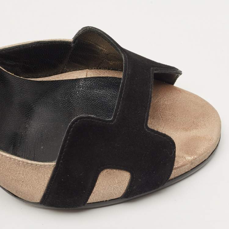 Pre Owned Hermes Black/Gold Metallic Suede Premiere 70 Sandals Size 37