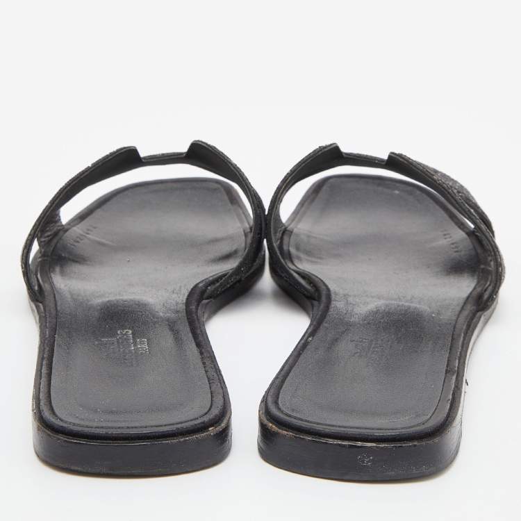 Pre Owned Hermes Black Suede Crystal Embellished Oran Slide Flats Size 38 
