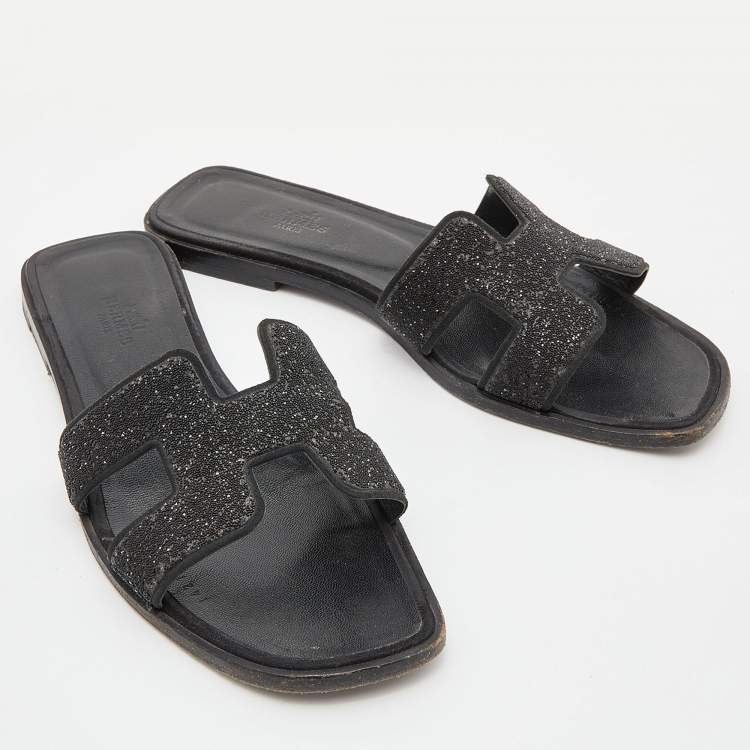 Pre Owned Hermes Black Suede Crystal Embellished Oran Slide Flats Size 38 