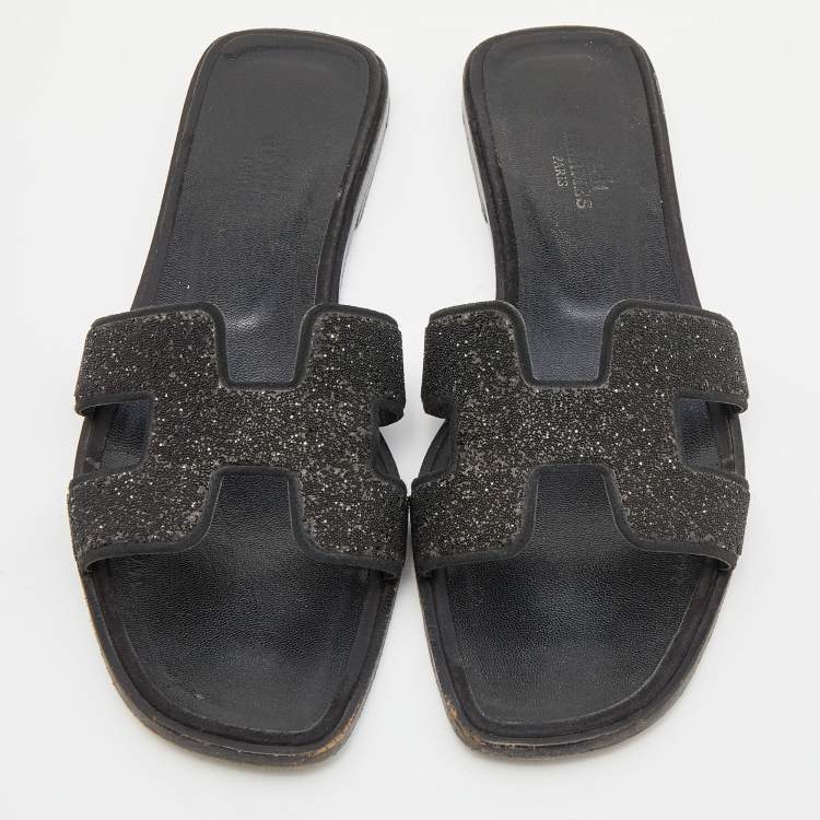 Pre Owned Hermes Black Suede Crystal Embellished Oran Slide Flats Size 38 