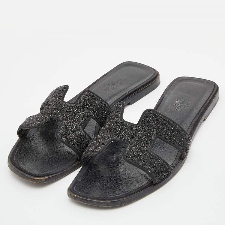 Pre Owned Hermes Black Suede Crystal Embellished Oran Slide Flats Size 38 