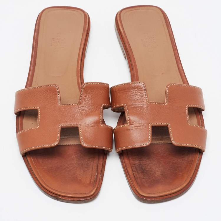 Pre Owned Hermes Brown Leather Oran  Flat Slides Size 40