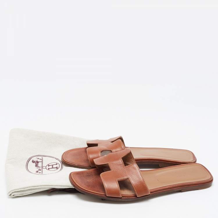 Pre Owned Hermes Brown Leather Oran  Flat Slides Size 40