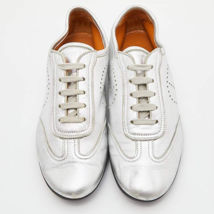 Pre Owned Hermes Silver Leather Pewter Perforated H Lace Up Sneakers Size 38