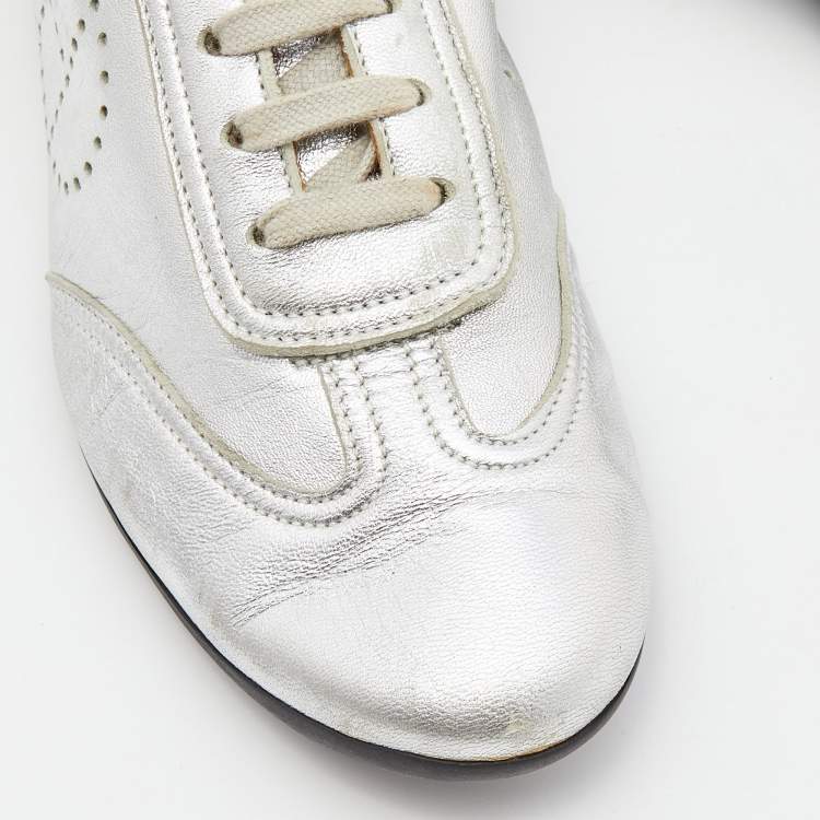 Pre Owned Hermes Silver Leather Pewter Perforated H Lace Up Sneakers Size 38