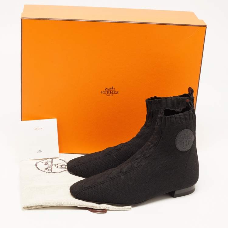 Pre Owned Hermes Black Knit Fabric Duo Ankle Boots Size 37