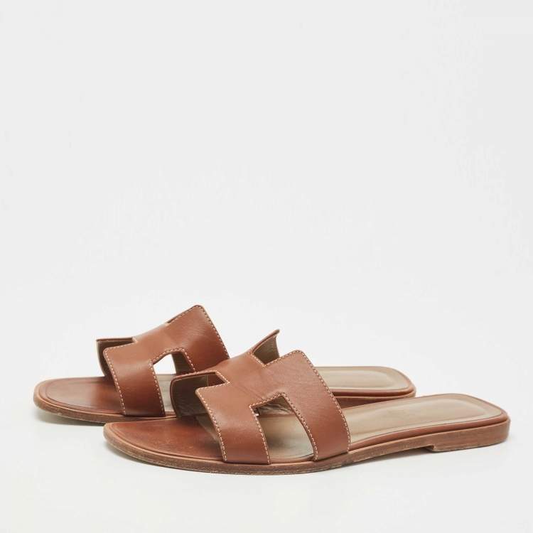 Pre Owned Hermes Brown Leather Oran Sandals Size 39