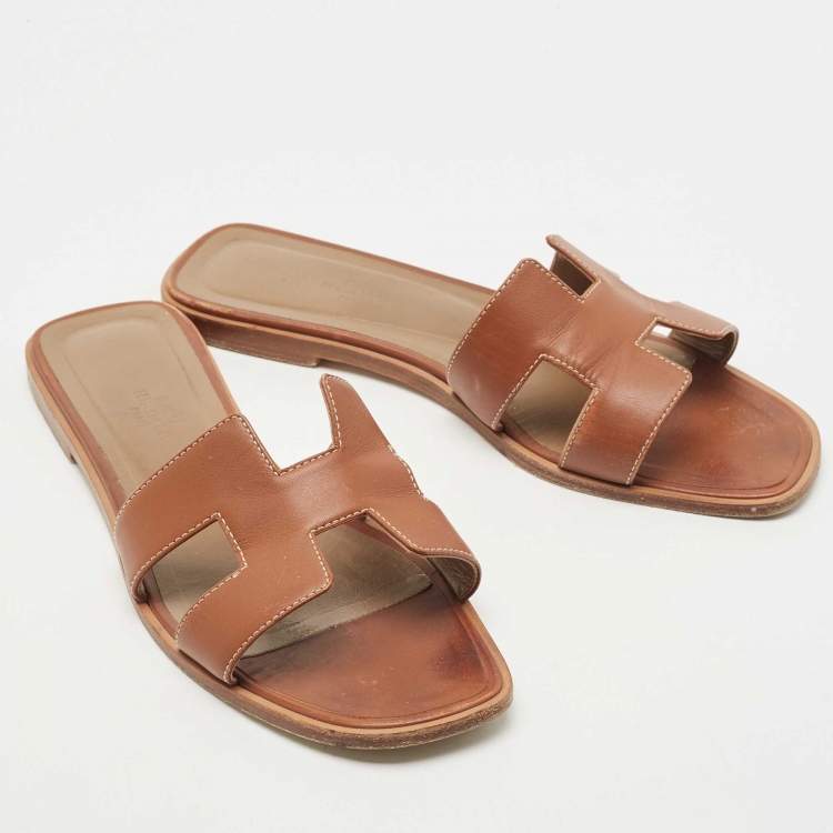 Pre Owned Hermes Brown Leather Oran Sandals Size 39