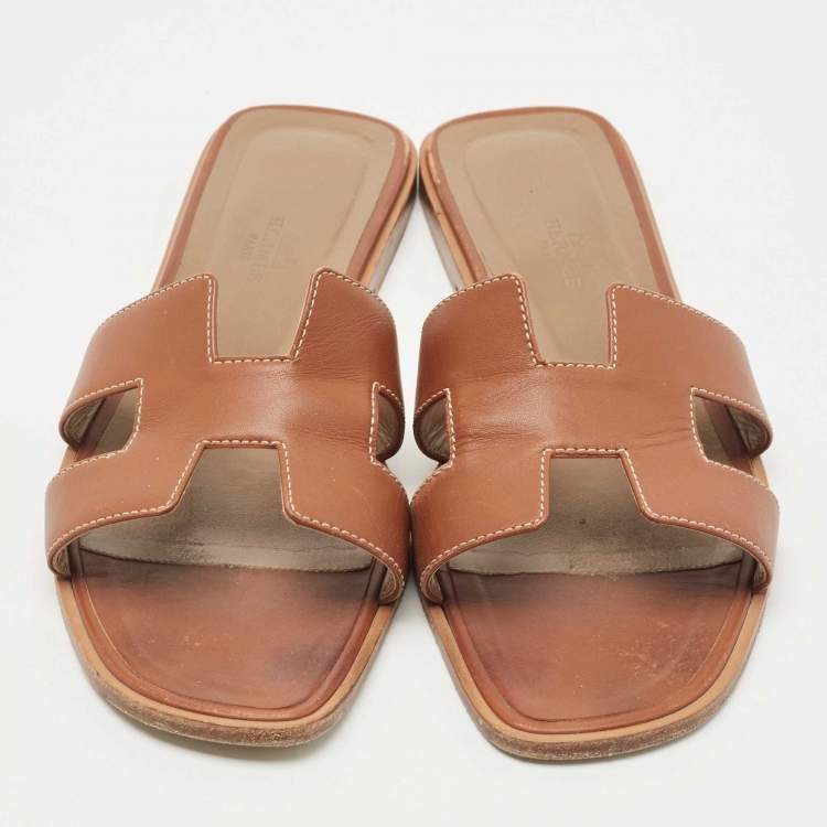 Pre Owned Hermes Brown Leather Oran Sandals Size 39