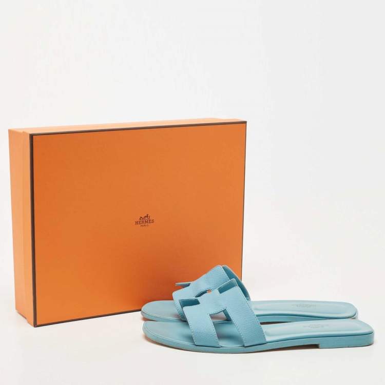 Pre Owned Hermes Blue Leather Oran Sandals Size 39.5