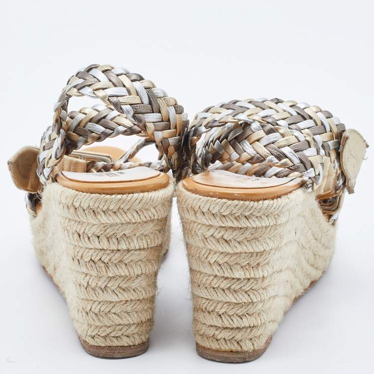 Pre Owned Hermes Metallic Woven Leather Sophia Espadrille Wedge Sandals Size 39