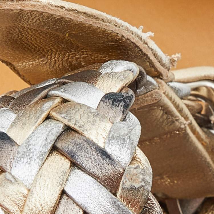 Pre Owned Hermes Metallic Woven Leather Sophia Espadrille Wedge Sandals Size 39