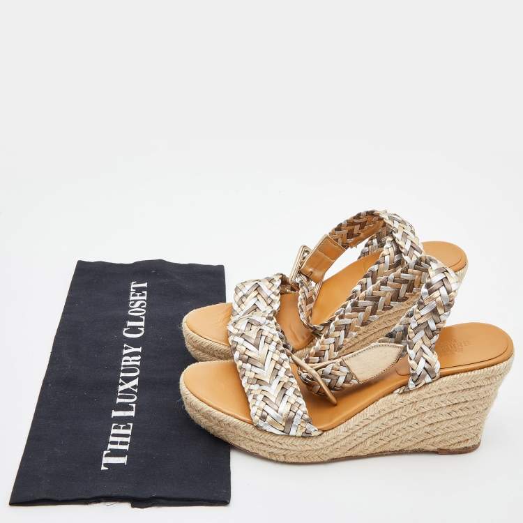 Pre Owned Hermes Metallic Woven Leather Sophia Espadrille Wedge Sandals Size 39