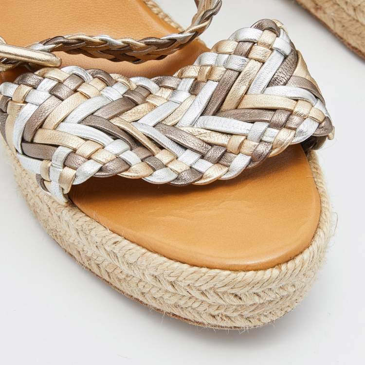 Pre Owned Hermes Metallic Woven Leather Sophia Espadrille Wedge Sandals Size 39