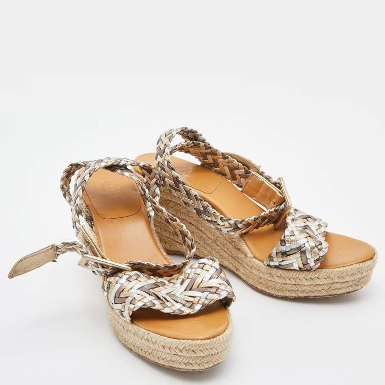 Pre Owned Hermes Metallic Woven Leather Sophia Espadrille Wedge Sandals Size 39
