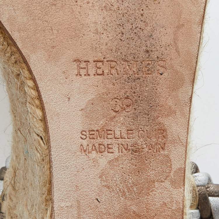 Pre Owned Hermes Metallic Woven Leather Sophia Espadrille Wedge Sandals Size 39