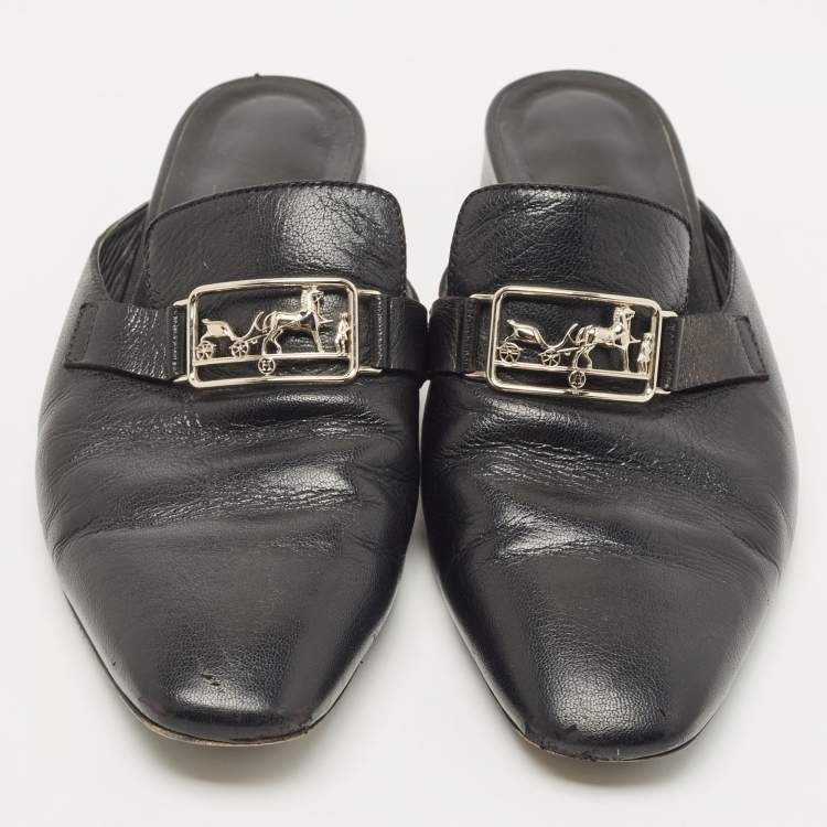 Pre Owned Hermes Black Leather Vincennes Mules Size 38