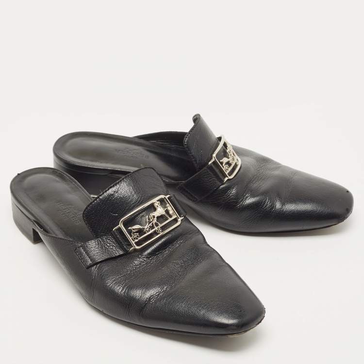 Pre Owned Hermes Black Leather Vincennes Mules Size 38