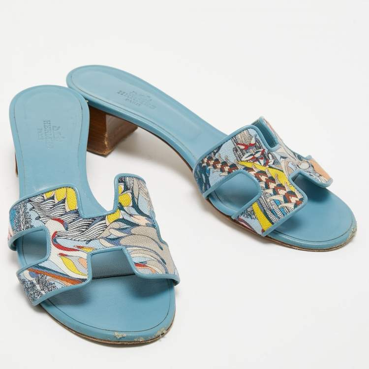Pre Owned Hermes Blue Printed Oasis Sandals Size 36