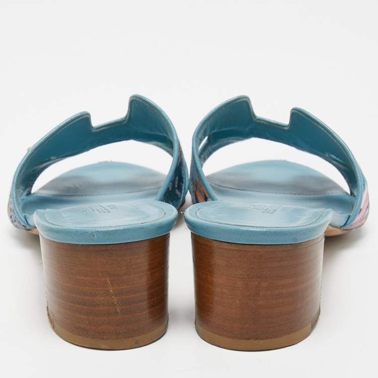 Pre Owned Hermes Blue Printed Oasis Sandals Size 36