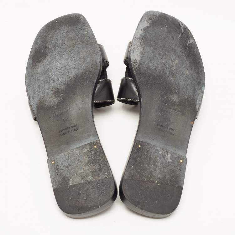 Pre Owned Hermes Black Leather Oran Flat Slides Size 40  
