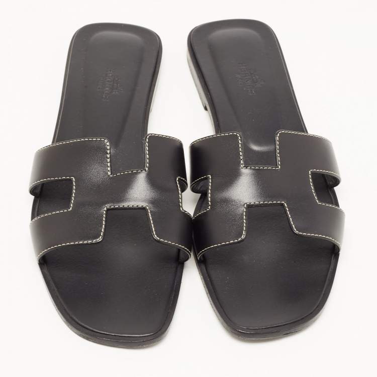 Pre Owned Hermes Black Leather Oran Flat Slides Size 40  