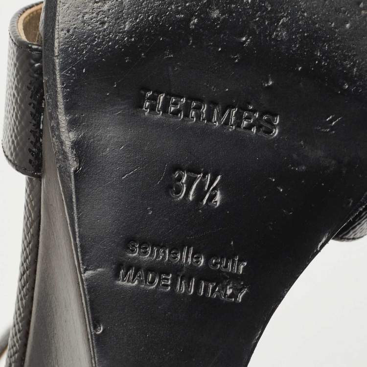 Pre Owned Hermes Black Patent Leather Legend Wedge Ankle Strap Sandals Size 37.5