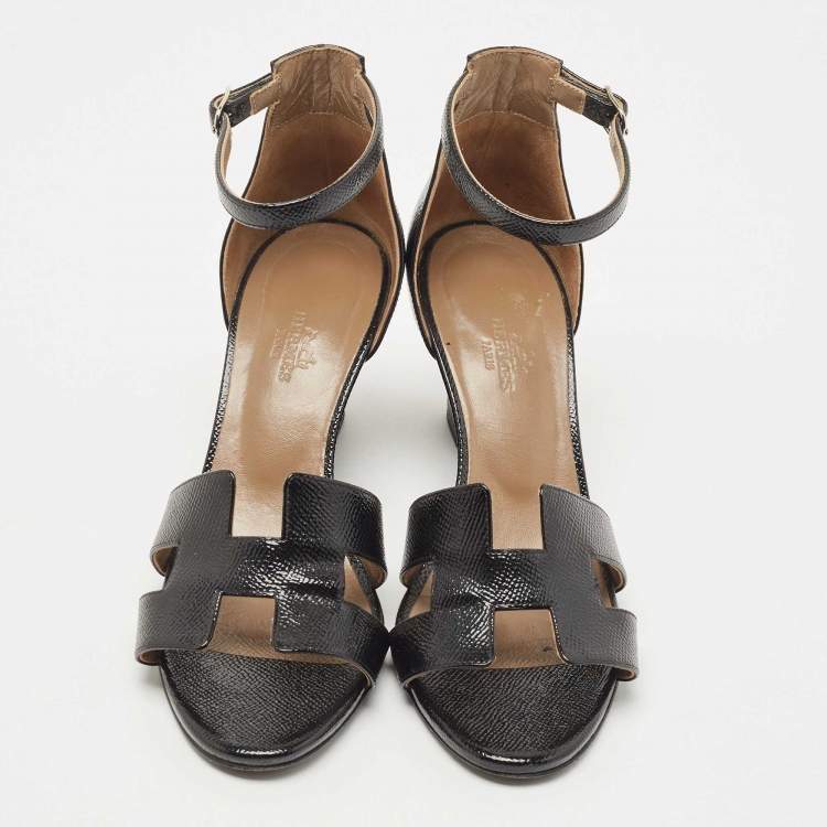Pre Owned Hermes Black Patent Leather Legend Wedge Ankle Strap Sandals Size 37.5