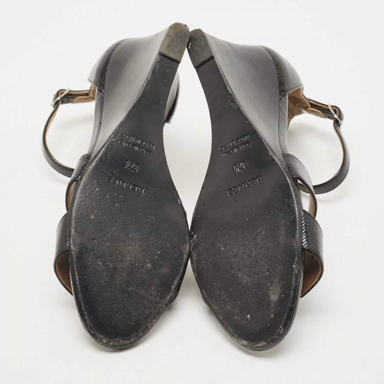 Pre Owned Hermes Black Patent Leather Legend Wedge Ankle Strap Sandals Size 37.5