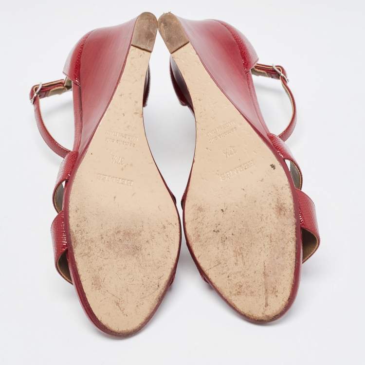 Pre Owned Hermes Dark Red Patent Leather Legend Wedge Ankle Strap Sandals Size 37.5