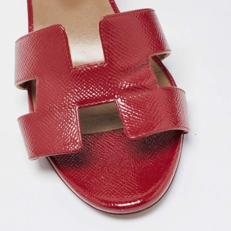 Pre Owned Hermes Dark Red Patent Leather Legend Wedge Ankle Strap Sandals Size 37.5