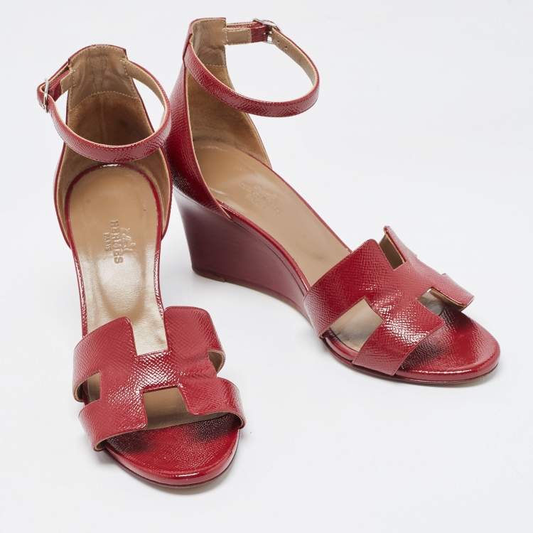 Pre Owned Hermes Dark Red Patent Leather Legend Wedge Ankle Strap Sandals Size 37.5