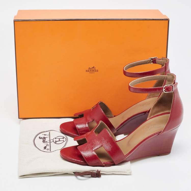 Pre Owned Hermes Dark Red Patent Leather Legend Wedge Ankle Strap Sandals Size 37.5