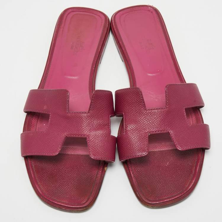 Pre Owned Hermes Purple Leather Oran Flat Slides Size 42