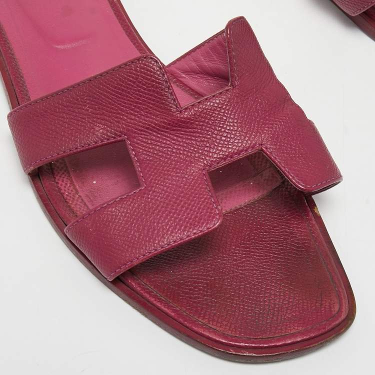 Pre Owned Hermes Purple Leather Oran Flat Slides Size 42