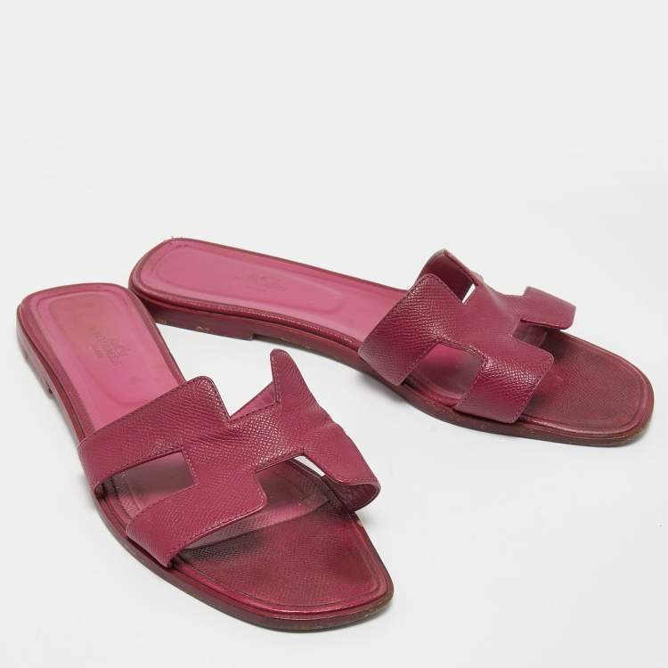 Pre Owned Hermes Purple Leather Oran Flat Slides Size 42