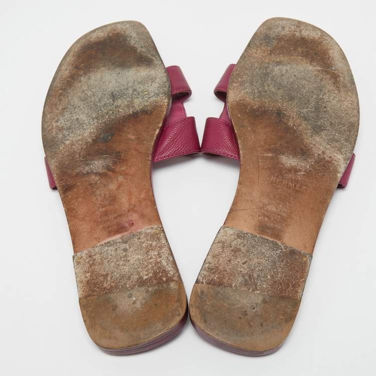 Pre Owned Hermes Purple Leather Oran Flat Slides Size 42