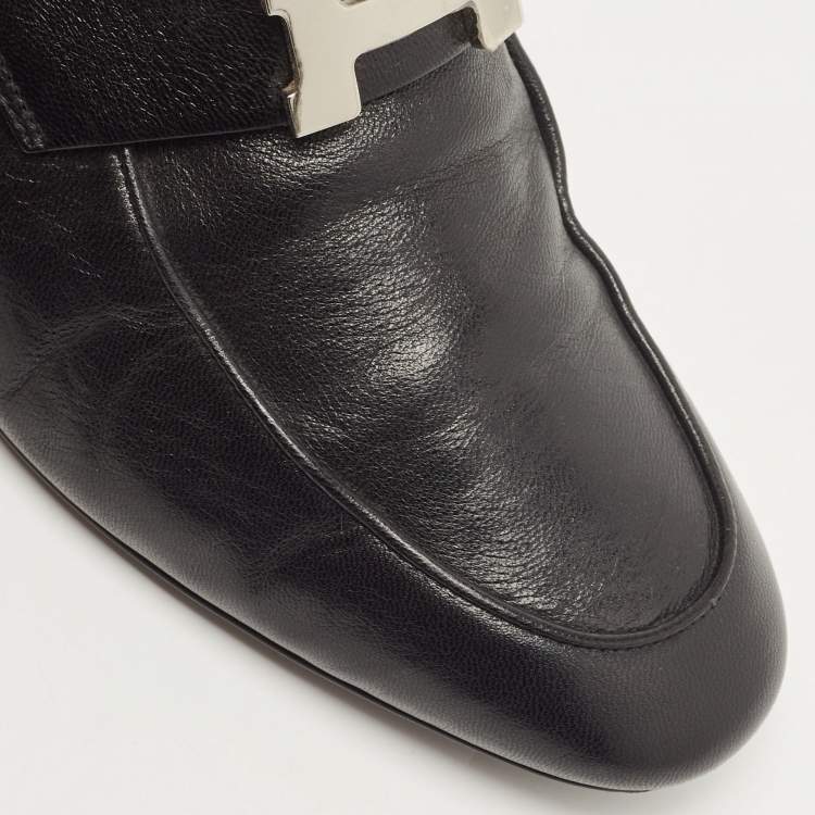 Pre Owned Hermes Black Leather Paradis Block Heel Mule Sandals Size 38.5