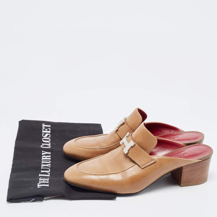 Pre Owned Hermes Brown Leather Oz Mules Size 38.5  