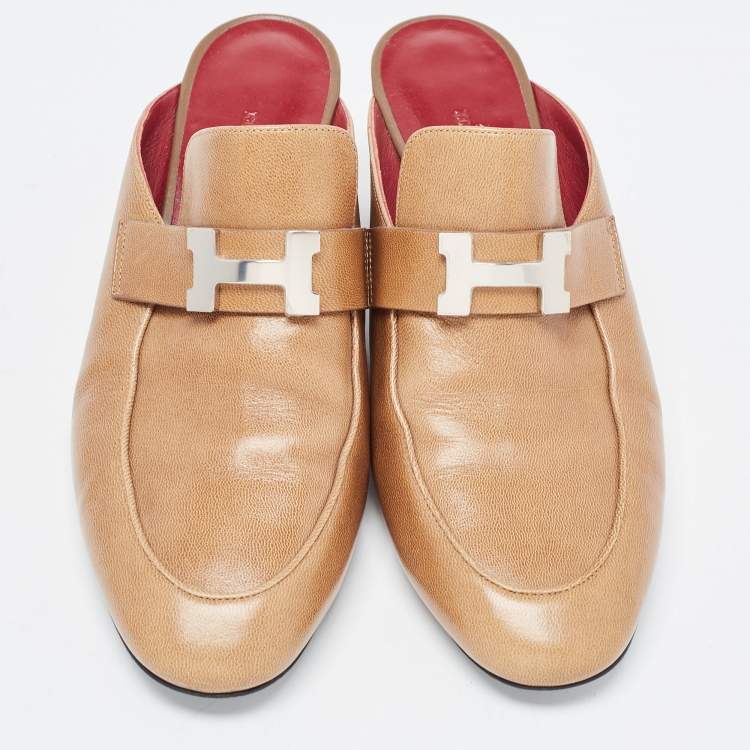 Pre Owned Hermes Brown Leather Oz Mules Size 38.5  