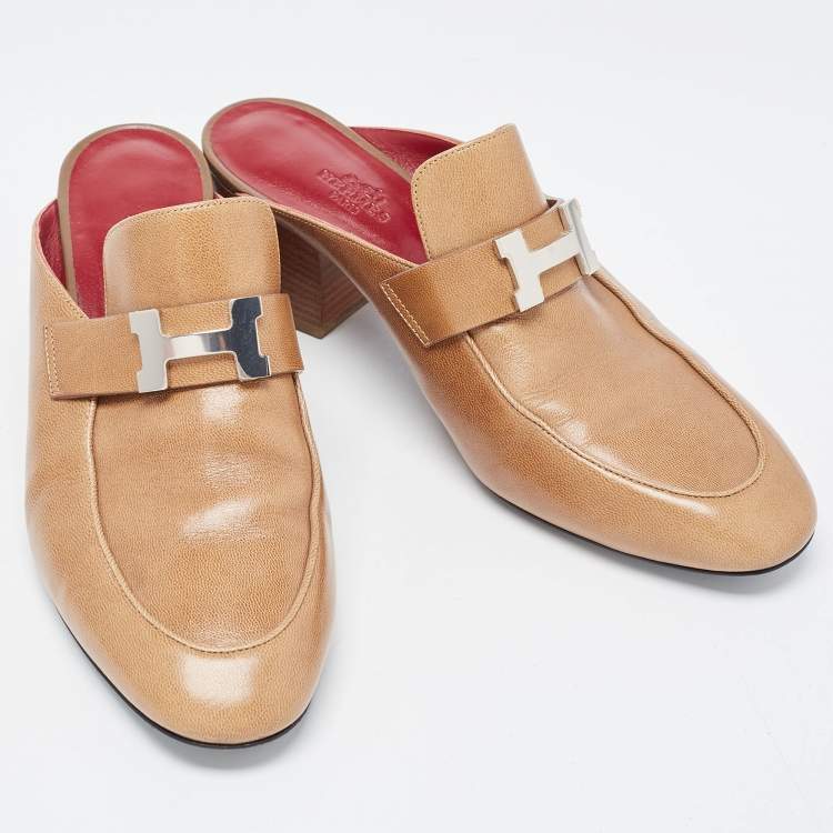 Pre Owned Hermes Brown Leather Oz Mules Size 38.5  