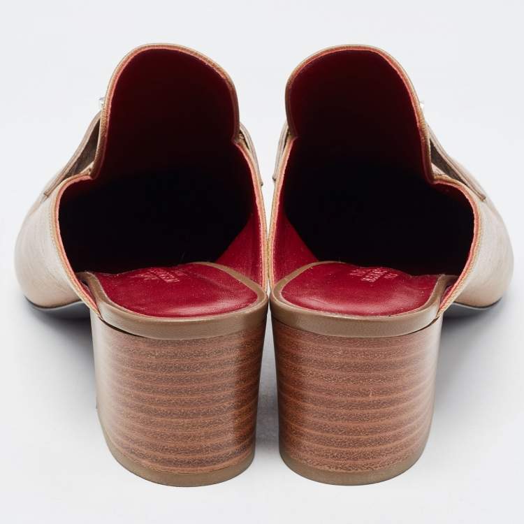 Pre Owned Hermes Brown Leather Oz Mules Size 38.5  