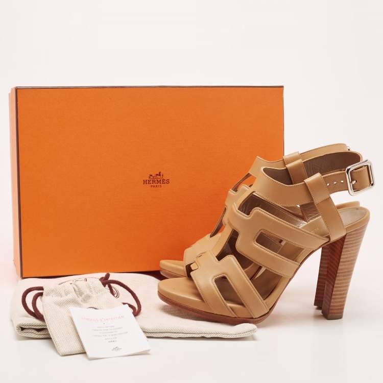 Pre Owned Hermes Brown Leather Strappy Slingback Sandals Size 38