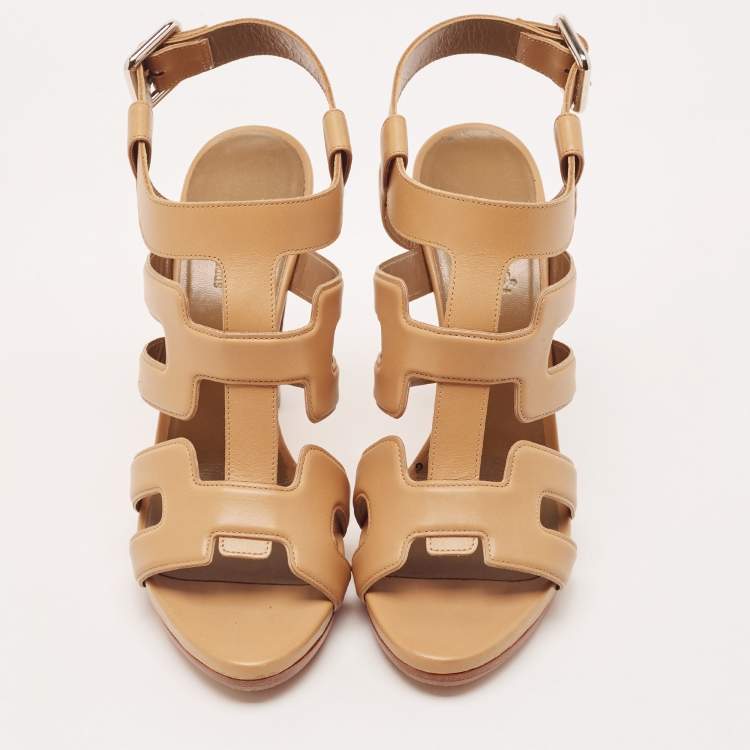 Pre Owned Hermes Brown Leather Strappy Slingback Sandals Size 38