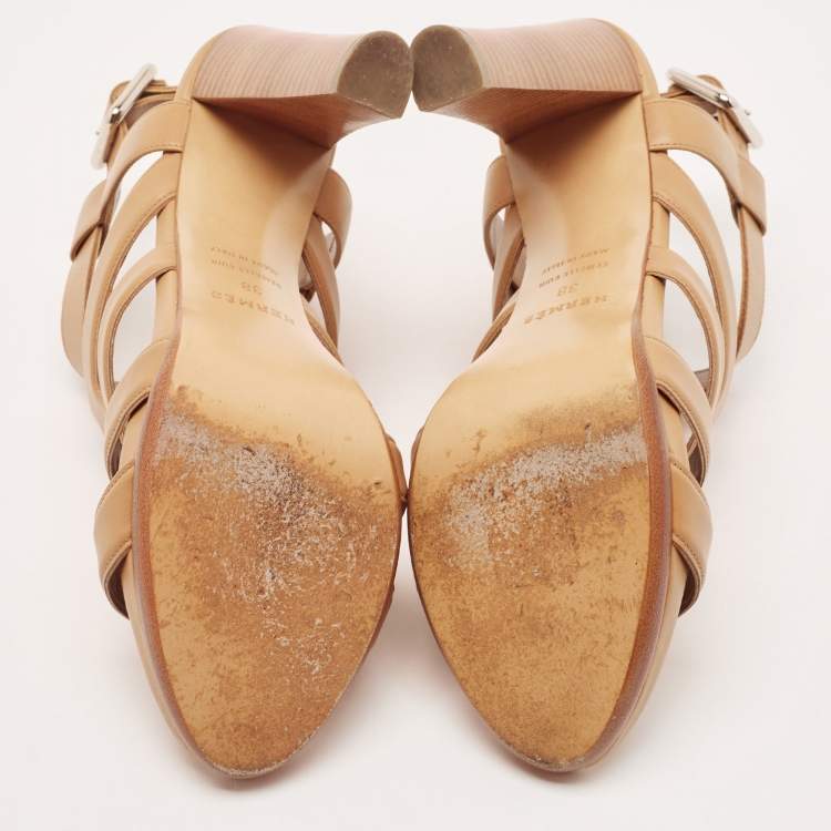 Pre Owned Hermes Brown Leather Strappy Slingback Sandals Size 38