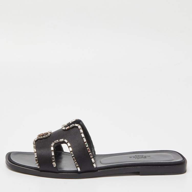Pre Owned Hermes Black Satin Oran Crystals Slide Flats Size 38