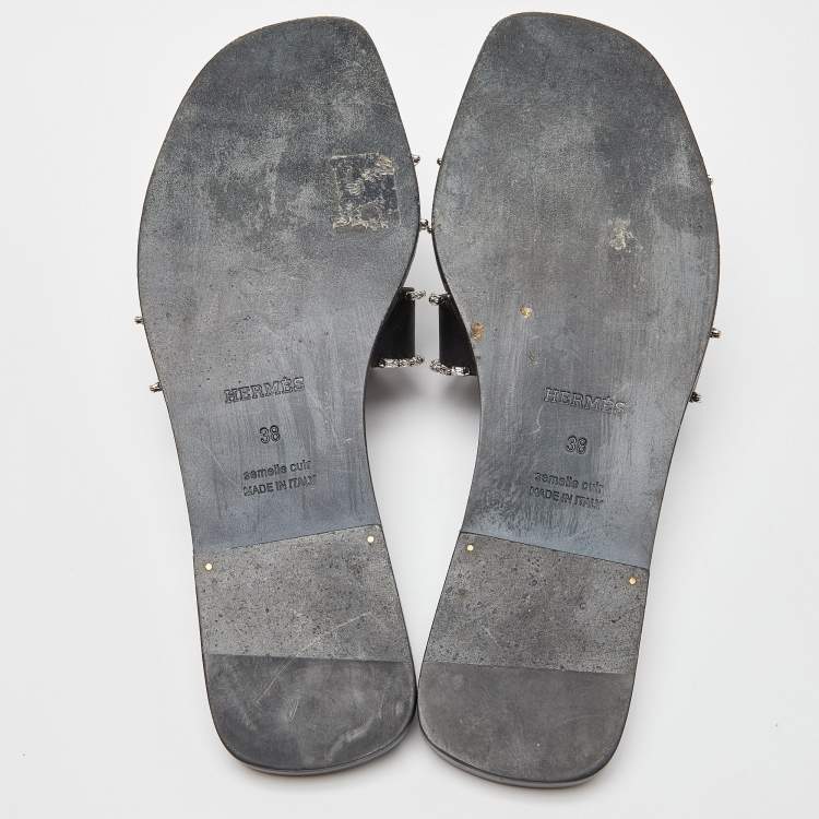 Pre Owned Hermes Black Satin Oran Crystals Slide Flats Size 38