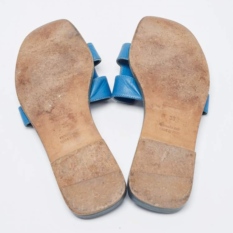 Pre Owned Hermes Blue Leather Oran Flat Slides Size 38