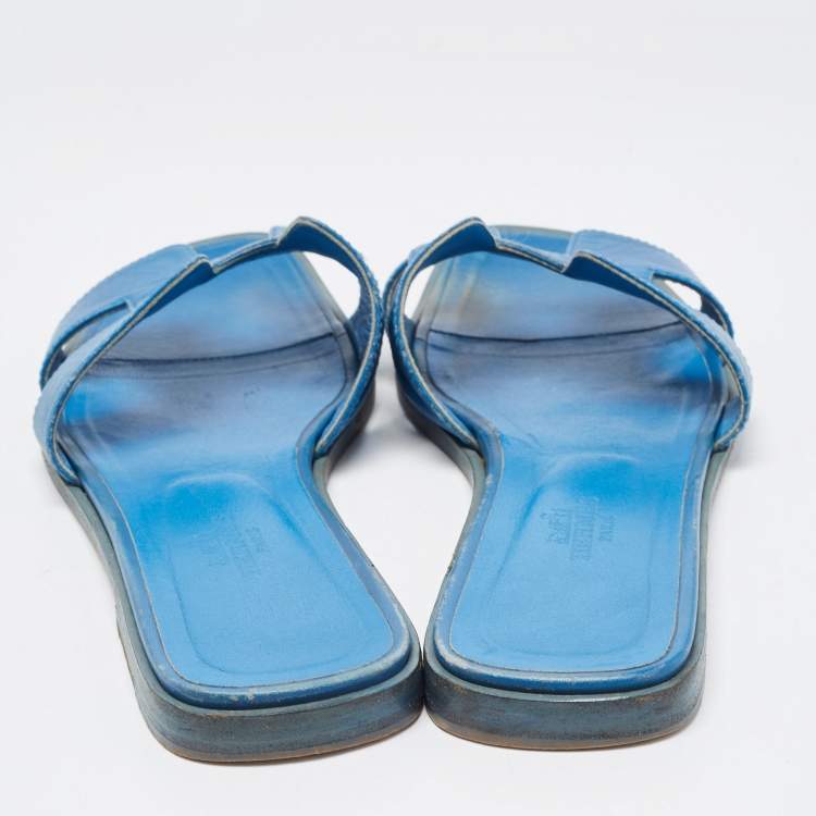Pre Owned Hermes Blue Leather Oran Flat Slides Size 38